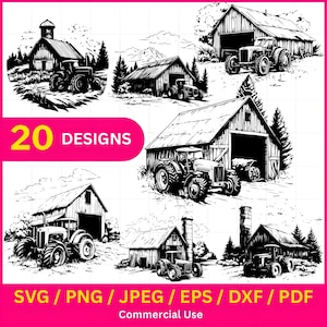 Old Barn and Tractor / Laser engraved rustic barn / Farm Barn SVG / Farm Scene PNG Rustic barn clipart / Commercial use pdf, jpeg, dxf, eps