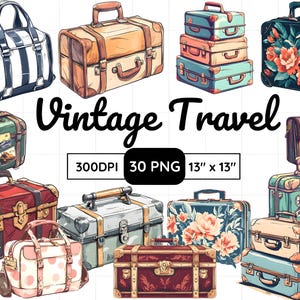 Ensemble PNG de valise rétro, 30 modèles de cliparts de voyage vintage, esthétique des années 1950 et 60
