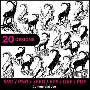 Puede incluir: Una colección de 20 diseños de cabras en blanco y negro, sobre terrenos rocosos. La imagen incluye el texto "20 DESIGNS" en rosa, y opciones de tipo de archivo: SVG, PNG, JPEG, EPS, DXF y PDF. También se incluyen las palabras "Commercial Use".