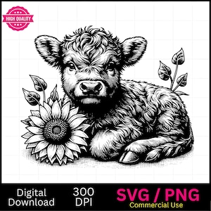 ヒマワリを持つハイランド牛の赤ちゃん SVG、ハイランド牛 SVG、牛の頭 SVG、牛の頭、牛の顔 png、ベクター グラフィック、レーザー彫刻機、CNC、クリップ アート