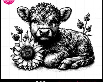 Baby Highland Kuh mit Sonnenblume SVG, Highland Kuh SVG, Kuhkopf SVG, Kuhkopf, Kuh Gesicht Png, Vektorgrafik, Laser Engraver, Cnc, Clip Art