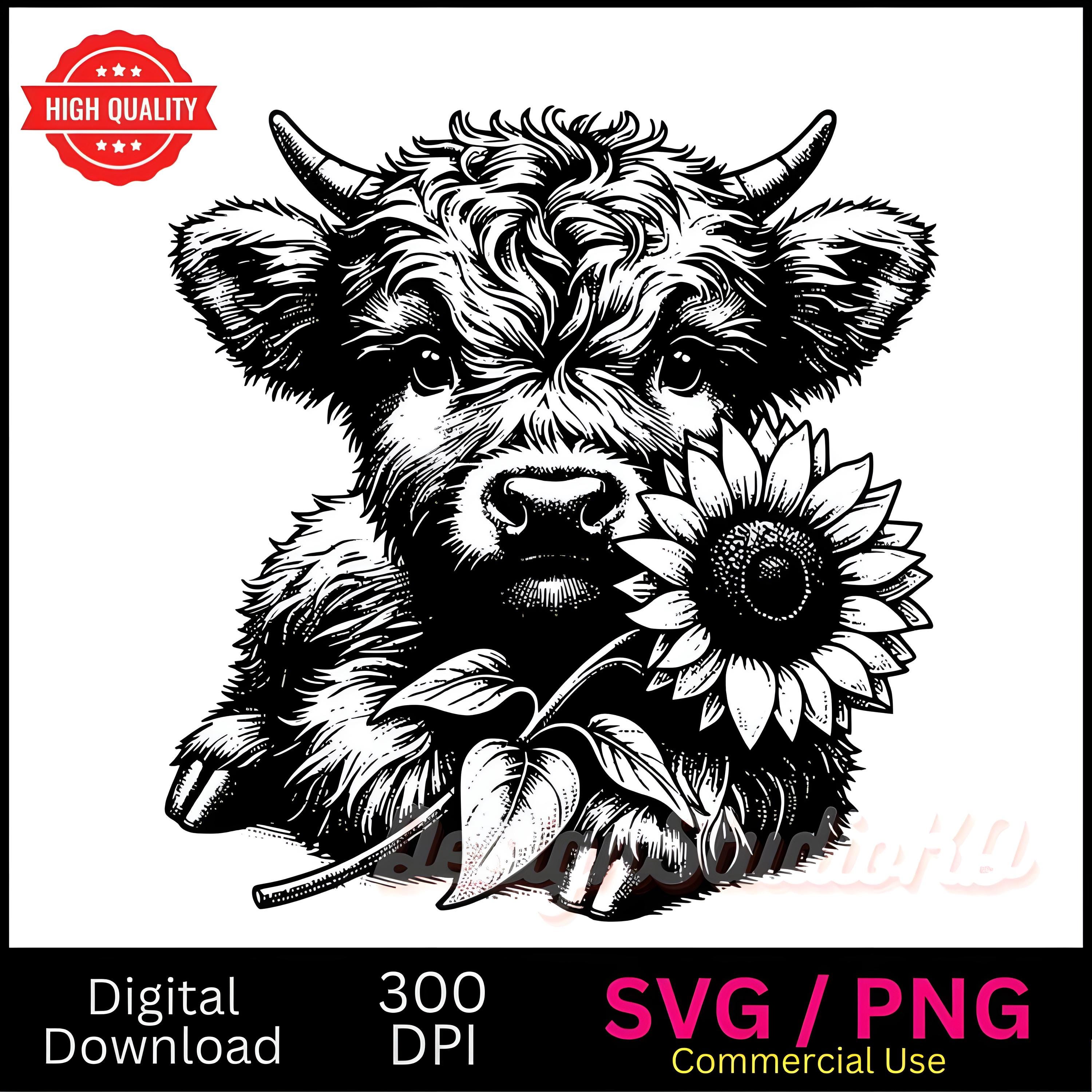 Baby Highland Cow With Sunflower SVG PNG: Vector Graphic (digital ...