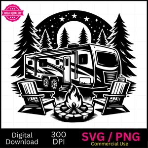 Camper en kampeerterrein, camper, kampvuur SVG PNG, vectorafbeelding, lasergraveur, cnc, illustraties, laserklaar, snijplanken, gepersonaliseerd cadeau
