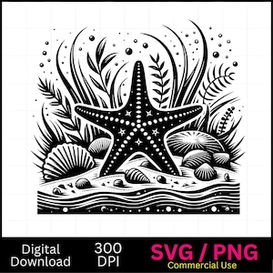 Starfish Seashells SVG PNG: Ocean Vector Graphic (Digital Download)