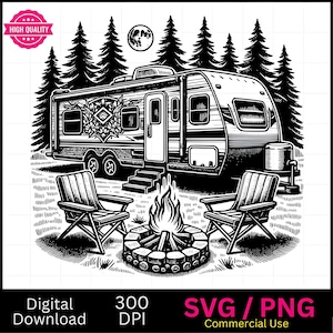 Camper & Campfire SVG PNG: Laser Cut Vector Graphic (Digital Download)