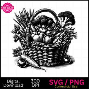 野菜バスケット 春 SVG PNG、ベクター グラフィック、レーザー彫刻機、CNC、クリップ アート、レーザー対応、カッティング ボード、パーソナライズされたギフト