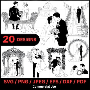 Novia y novio, boda floral, escena romántica, matrimonio, archivo láser, escala de grises, imagen quemada, corte vectorial, blanco, CNC, madera, SVG, JPEG, PDF, EPS, DXF