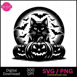 Halloween Czarny Kot i Dynie SVG PNG: Upiorne Pliki Cricut Sezonu (Pobieranie Cyfrowe)
