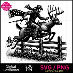 May include: Black and white illustration of a person riding a deer over a fence. The person is wearing a cowboy hat and a scarf. The deer has large antlers. The image is in a woodcut style.