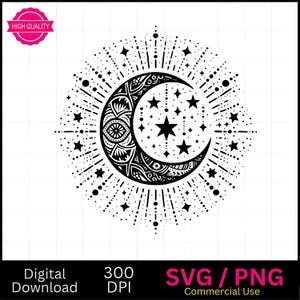 Boho Moon and Stars SVG PNG: Celestial Floral Design (Digital Download)