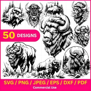Bison SVG PNG Designs Bundle | Bison Head Silhouette Clipart | Buffalo Graphic for Cricut, Laser Cutting, Sublimation, pdf, jpeg, dxf, eps