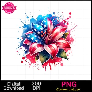 Patriotic Flower Clipart: 4th of July PNG Bundle (Commercial Use)