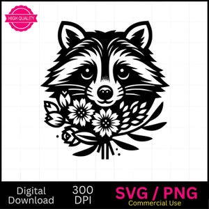 Mapache SVG Cabeza de mapache Flores, Cabeza de mapache Svg, Clipart de mapache, Mapache con flores Svg, gráfico vectorial, grabador láser, cnc, Clip art