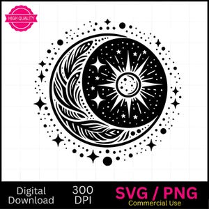 Boho Moon and Stars SVG PNG: Celestial Floral Design (Digital Download)