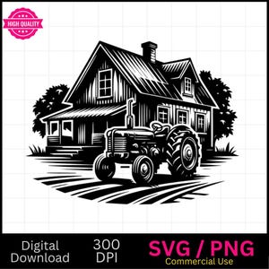 Old Farm House with Tractor SVG File - Old farm Barn Vector Images, Silhouette, Farm SVG , Farming png ClipArt, farm life Laser file,