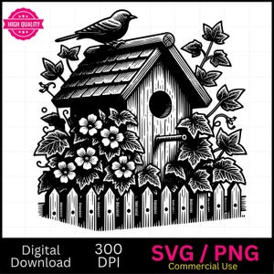 Maison d'oiseau sur la clôture SVG PNG, vie à la ferme, comté, graphique vectoriel, graveur laser, clipart, prêt pour le laser, planches à découper, cadeau personnalisé,