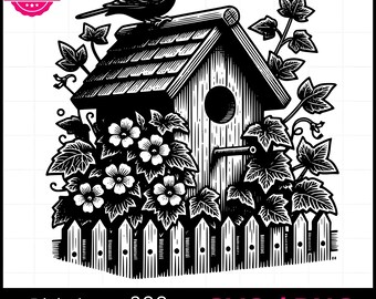 Vogelhaus auf Zaun SVG PNG, Landleben, Vektorgrafik, Lasergravur, Clip Art, laserfertig, Schneidebretter, personalisiertes Geschenk,