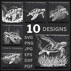 Op de afbeelding: Tien vierkante leistenen onderzetters met witte ontwerpen van zeeschildpadden. De afbeelding toont verschillende schildpadillustraties en de tekst "10 DESIGNS". Bestandsopties: SVG, PNG, JPG, EPS, DXF en PDF.