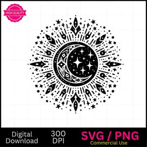 Boho Moon and Stars SVG PNG: Celestial Floral Design (Digital Download)