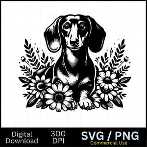 Dackel mit Blumen digitaler SVG Schnitt, Dackel svg, Vektordatei, Hund Vektorbild, Wursthund SVG, Hund Cut File, Floral Dackel svg