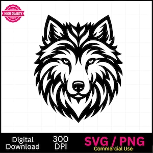 May include: A black and white graphic of a wolf's head, featuring intricate line work. The image includes the text "Digital Download", "300 DPI", and "SVG / PNG Commercial Use". A pink "High Quality" badge is in the upper left corner.