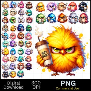 50 PNG Grumpy Coffee Birds Clipart / Grumpy Birds Clipart, Funny Grumpy Animals Clipart, Ilustraciones / Descarga instantánea para uso comercial