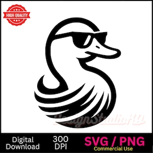 Duck With Sunglasses Svg & Png, Rubber Duck Clipart, Duck Vector Image, Bath Duck Silhouette, Sublimation Design, Duck Cut File