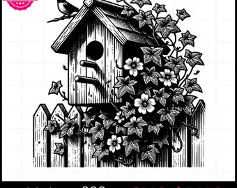 Vogelhaus auf Zaun SVG PNG, Landleben, Vektorgrafik, Lasergravur, Clip Art, laserfertig, Schneidebretter, personalisiertes Geschenk,