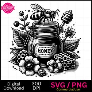 May include: Black and white illustration of a honey jar with a bee on top, surrounded by flowers and honeycomb. The jar has the word "Honey" on the label.