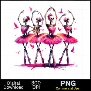 May include: Four skeleton figures dressed in pink tutus and pointe shoes, performing a ballet pose. The skeletons are adorned with flowers and glitter, creating a whimsical and macabre aesthetic.