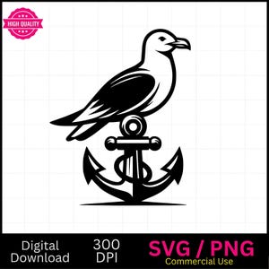 Zeemeeuw op paal met anker SVG PNG, vectorafbeelding, lasergraveur, cnc, illustraties, laserklaar, snijplanken, gepersonaliseerde geschenken