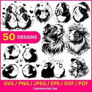 Guinea Pig SVG Clipart: 50 Designs, Silhouette Outline (Digital Download)