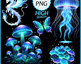 生物発光生物 PNG クリップアート | 光る海の生き物の昇華プリント | ファンタジー クラゲ 海の生き物 PNG | デジタルダウンロード
