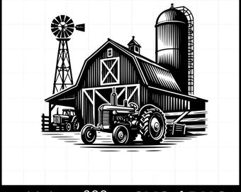 May include: Black and white illustration of a farm scene with a barn, silo, windmill, and tractor. The barn has a large wooden door and a window. The silo is tall and cylindrical. The windmill has three blades. The tractor is a classic model with a large front tire.