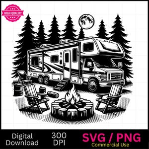 5e roue RV au terrain de camping, campeur SVG PNG, illustration vectorielle, graveur laser, cnc, clipart, prêt pour le laser, planches à découper, cadeaux personnalisés