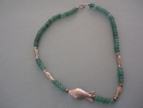 Thai Silver Fish Beadswith Chinese Green Glass Beads and Indian