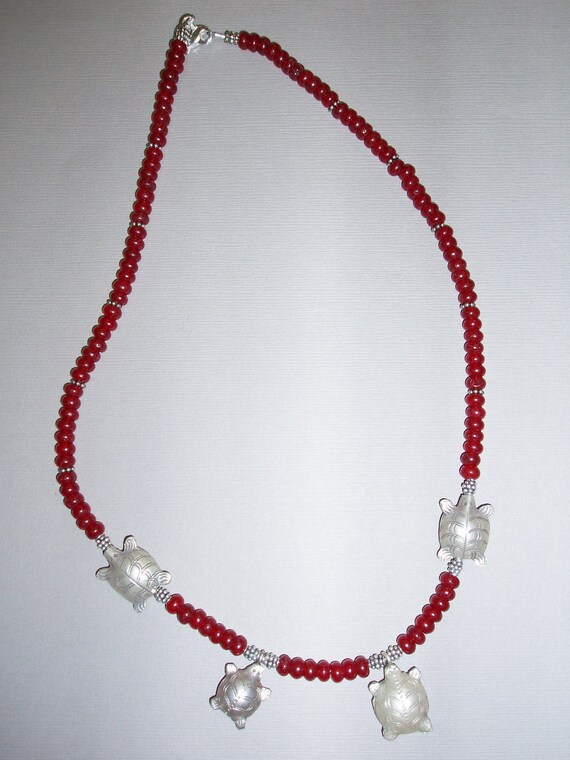 Thai Silver Turtles and Silver Beads With Red Glass Beads