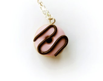 Pink Chocolate Stripe Strawberry Donut Charm Necklace