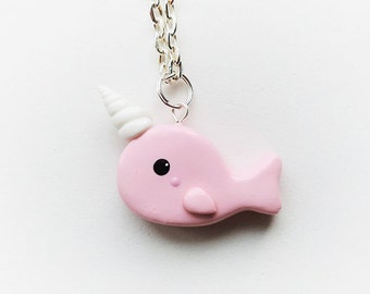 Cute Pink Narwhal Necklace Polymer Clay Jewelry