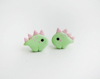 Cute Pastel Green and Pink Baby Dinosaur Stegosaurus Earrings
