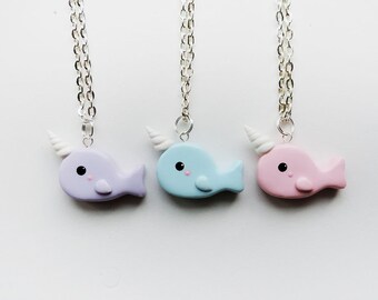 Three Best Friends Purple, Blue and Pink Narwhal Necklaces