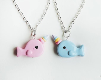Best Friends Rainbow Horn Pink and Blue Narwhal Charm Necklace Set of two
