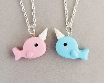 Best Friends Pink and Blue Narwhal Necklaces