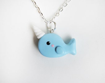 Polymer Clay Blue Narwhal Charm Necklace