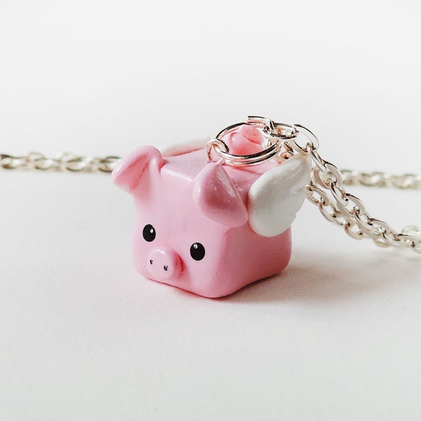 Pink Flying Pig Polymer Clay Charm Necklace