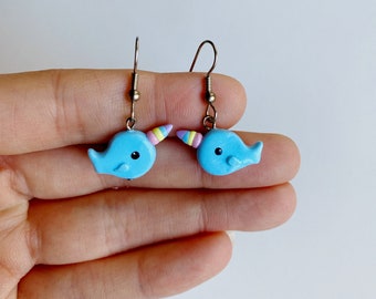 Small Blue Narwhal Dangle Earrings