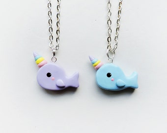 Best Friends Rainbow Horn Purple and Blue Narwhal Necklaces Set