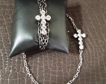 Adjustable, Triple Wrap Bracelet or Necklace with Swarovski Crystal Cross