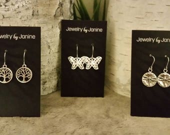 Dragonfly, Tree of Life or Butterfly Earrings on Stainless Steel or Sterling Silver Plated Earwires