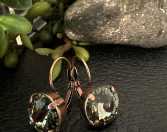 12mm Black Diamond Swarovski Crystal Antique Copper Earrings